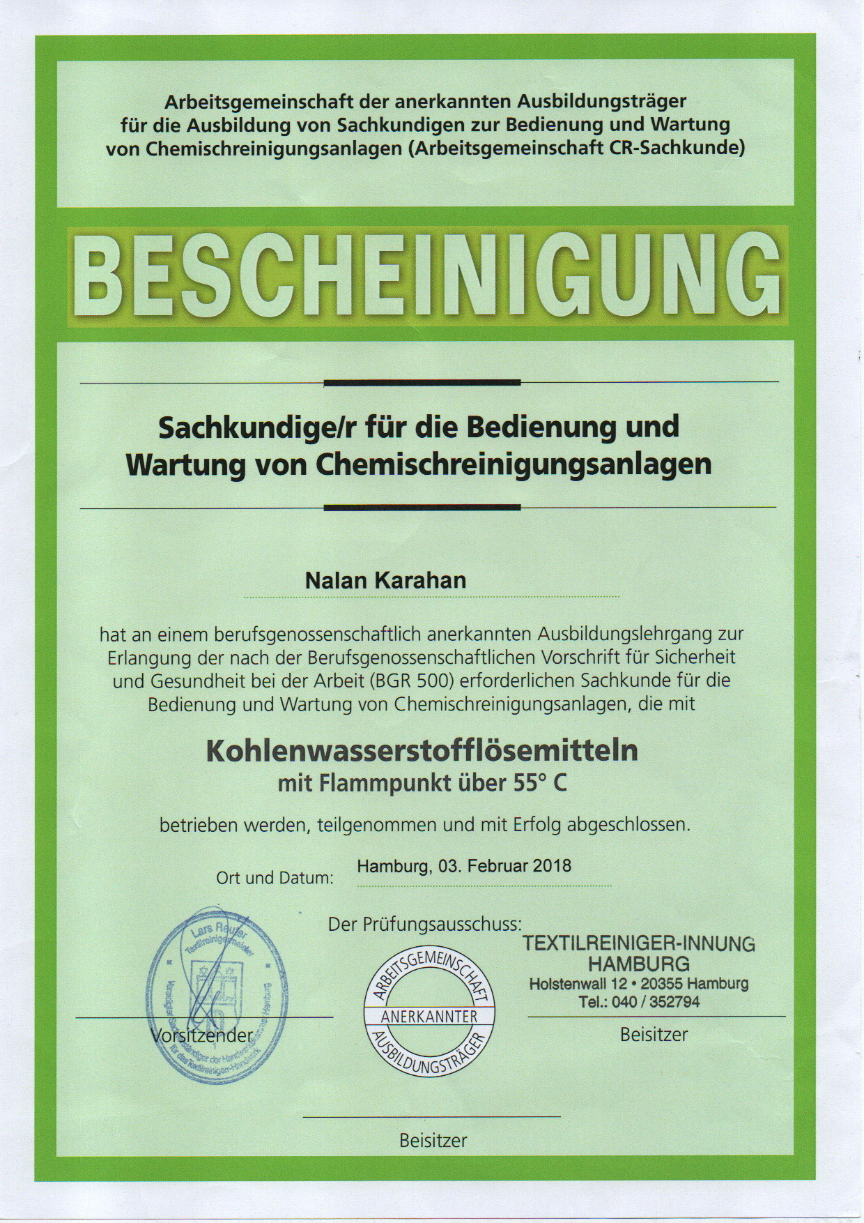Janert Textilpflege Taner Karahan e.K. - Zertifikat